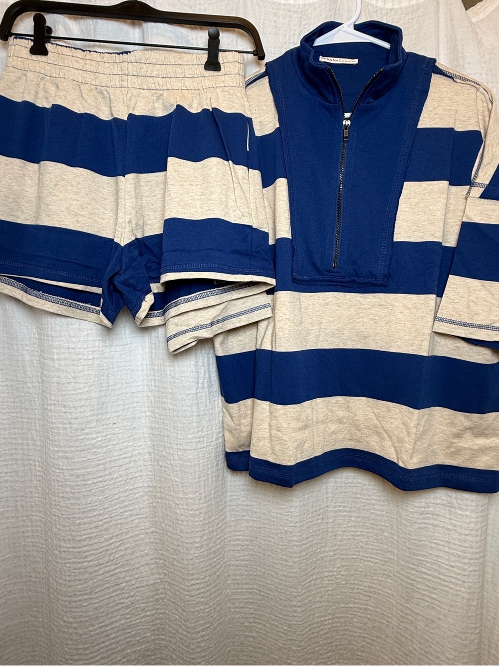 NWT Zenana French Terry Striped Half-Zip Shorts Lounge Set - Blue Cream